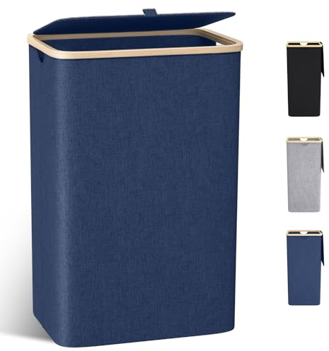 Wäschekorb mit Deckel Groß, 100L Wäschesammler schmal mit herausnehmbaren Wäschesack Laundry Baskets Wäscheschrank Wäschetruhe Wäschetonne für Schmutzwäsche Marineblau