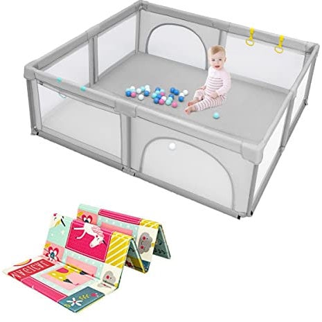 DREAMADE 206 X 185CM Laufstall Baby, Laufgitter Faltbar mit 50 Bällen & 4 Griffe, Schutzgitter mit 2 Türen, Krabbelgitter Indoor & Outdoor (Grau, mit Rosa Matratze)