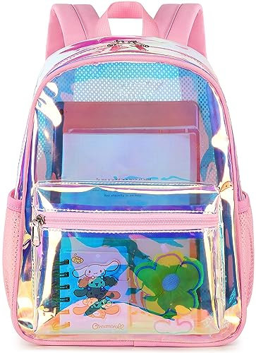 Transparenter Mini-Rucksack, leicht, durchsichtig, für Schule, Arbeit, Sport, Stadion, Sicherheit, Hologramm-Rosa, Small, Casual