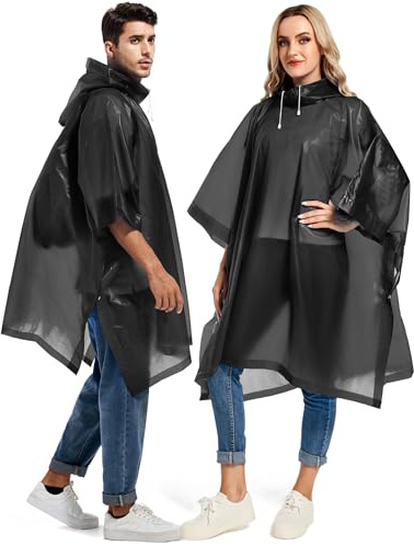 Borogo 2 Pack Rain Ponchos for Adults Reusable - Raincoats Survival Emergency Heavy Duty Rain Coat with Drawstring Hood Black