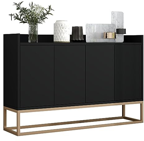 Azkoeesy Sideboard mit 4 Türen, Viel Stauraum, 120 x 80 x 30 cm, mit Zaun und Golden Metallbein, TV Board Kommoden Buffet Küchenschrank, für ESS & Wohnzimmer, Schwarz