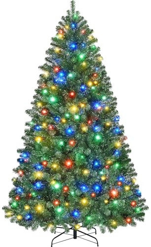 Yaheetech 6ft Pre-lit Spruce Artificial Christmas Tree with 818 Tips, 300 Multicolour LED Lights & Foldable Metal Stand for Home Office Holiday Decorative, 183cm