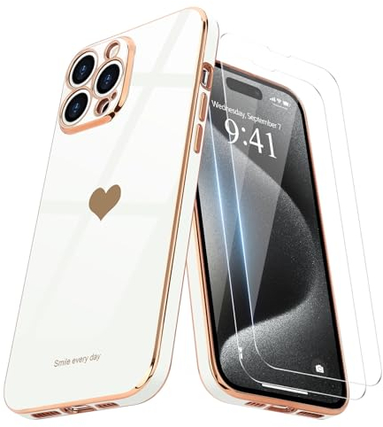 Teageo for iPhone 15 Pro Case with 2 Screen Protector Heart Pattern for Women Girls Luxury Bling Plating Soft TPU Anti-Scratch Shockproof Bumper Phone Case for iPhone 15 Pro, White