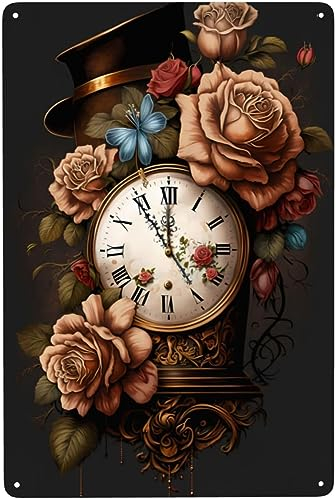 Metall-Blechschild mit Uhr und Rosen, Vintage, für Schlafzimmer, Zuhause, Küche, Hotel, Bar, Café, Außenbereich, Wanddekoration, 20,3 x 30,5 cm