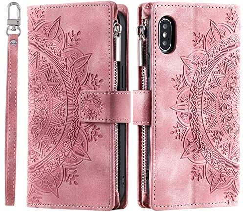 VEEMOS Wallet Case for iPhone XS MAX Flower Flip Case Protective Leather Folio Book Phone Cover with Card Slots Kickstand Zipper Pocket - Pink
