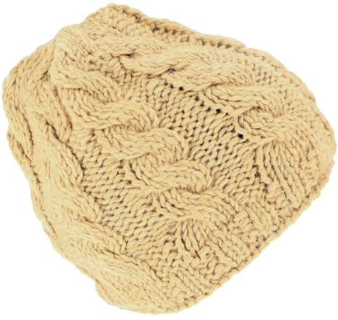 GURU SHOP Handgestrickte Wollmütze mit Zopfmuster, Strickmütze aus Schurwollle, Wintermütze - Sandgelb, Herren/Damen, Synthetisch