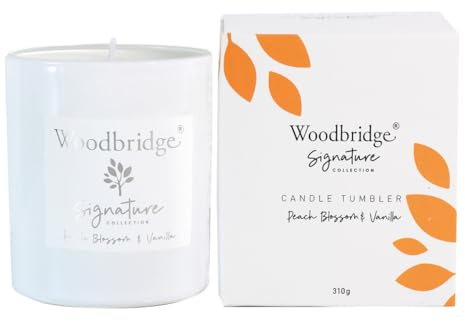 Woodbridge Duftkerze im Glas mit Deckel | Peach Blossom & Vanilla | Duftkerze Fruchtig | kleine Duftkerze | Brenndauer bis 60h | Weiße Kerzen (310g) | Signature Kollektion