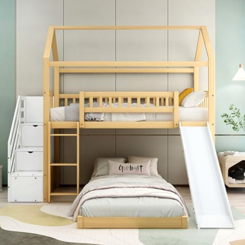 Lit Mezzanine avec Escalier avec Rampe Et Toboggan Lit Superposé Escalier avec Rangement Lit Cabane 90x200 Lit Enfant avec Protection Antichute Cadre Bois Lit Au Sol Lit Jeunesse Naturel + Blanc