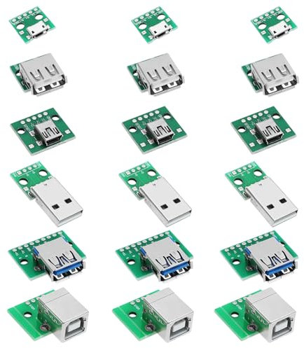 YINETTECH 18pcs USB vers Dip Breakout Adaptateur Convertisseur Mini 5p USB/2,54 mm 4p/USB 2.0 4p/USB 3.0 Plat/Micro USB Type B/USB Type-B Carré PCB Module de Carte de Dérivation d'alimentation