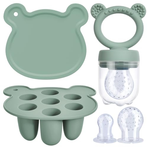 Aolso Baby Fruit Food Feeder Set, Silicone Baby Fruit Feeder Pacifier & Breastmilk Popsicle Food Freezer Trays, Baby Food Storage Containers Feeder for Safe Infant Self Feeding (Green)