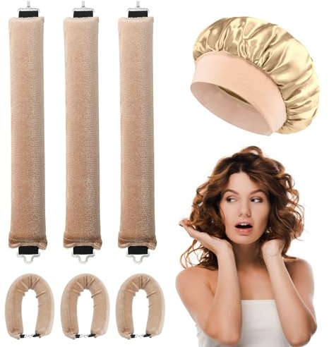 3pcs Hitzefreie Locken über Nacht,mit quadratischem Kopftuch für Frauen,Lockenwickler ohne hitze zum Schlafen,für das Haarwickeln und Schlafen in der Nacht (Mütze, Champagner)