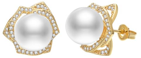 Airokiy Zuchtperlen Ohrringe Gold Stecker Damen Hypoallergene Vergoldet 585 Echtgold mit Zirkonia Modeschmuck