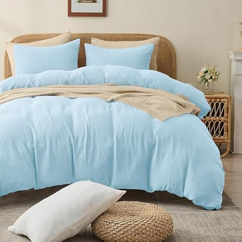 Gezu Muslin Bettwäsche 155x220 Hellblau 100% Baumwolle Muslin Bettwäsche-Sets Leinen Set Bettbezug mit 2Kissenbezüge 80x80cm Sehr Atmungsaktiv Bequem Bettwäsche Doppelbett mit Reißverschluss