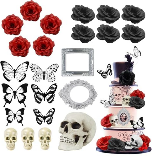 Gothic Cake Decoration Halloween Decoration Gateau Gothique Decoration Tete de Mort Decoration Gâteau Noir Gothique Gâteau Décoration Rose Gâteau Topper pourGothique Fête Décoration