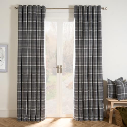 OHS Charcoal Grey Curtain Eyelet for Living Room Bedroom, Soft Luxury Winsford Woven Check Blackout Thermal Curtains Decorative Fully Lined Curtains 2 Panel, 46 x 72