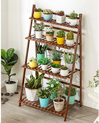 Zusammenklappbarer Pflanzenständer mit mehreren Ebenen für den Innen- und Außenbereich, bodenstehendes Blumenregal aus Bambus, Leiter-Blumentopfhalter mit hinterer Stange für Garten, Balkon, Wohnzim