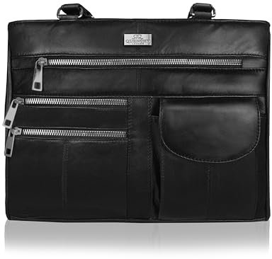 Quenchy London QL173M Damen-Handtasche aus echtem Leder, Designer-Handtasche mit 2 oberen Griffen, 8 Taschen, 2 großen Hauptfächern mit Reißverschluss, mittlere praktische Größe, Schwarz, Genarbtes