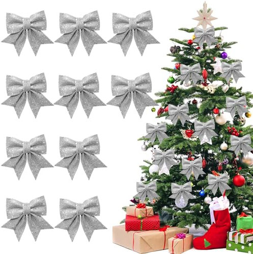 Hyran Fiocchi Albero di Natale, 10 Pezzi Fiocchi Natalizi Glitterati, Decorazioni Albero di Natale, Fiocchi per Pacchi Regalo, Fiocchi Rossi per Albero di Natale, Addobbi Albero di Natale (Argento)