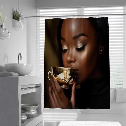 FEIPUHOME Art African Black Woman Shower Curtain Cute Girl Golden Tea Cup Pattern Printing Bathroom Curtain Set with Ring Hooks Machine Washable W120xL200(cm)