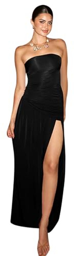 AOWVUTS Robe Longue sans Manches pour Femme Robe Epaules Dénudées Fendue Sexy Robes Maxi Froncée Bandeau Robe Moulante Robe de Cocktail Elégante Soirée Casual Robes de Mariage Fête