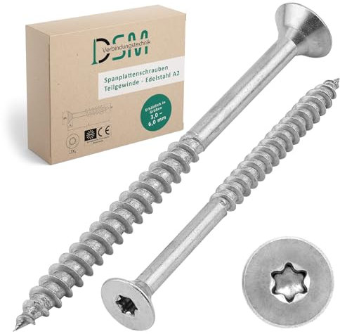 DSM - Viti per truciolato 6 x 100 mm, in acciaio inox A2/V2A, con testa svasata e attacco TX, con omologazione ETA, viti per legno con filettatura parziale, viti universali, 50 pezzi