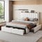 Merax Bett 140 x 200 cm, Bett mit Aufbewahrung und USB-Stecker, Bettgestell mit 4 Schubladen und Lattenrost, Leinenstoff, Beige (ohne Matratze)