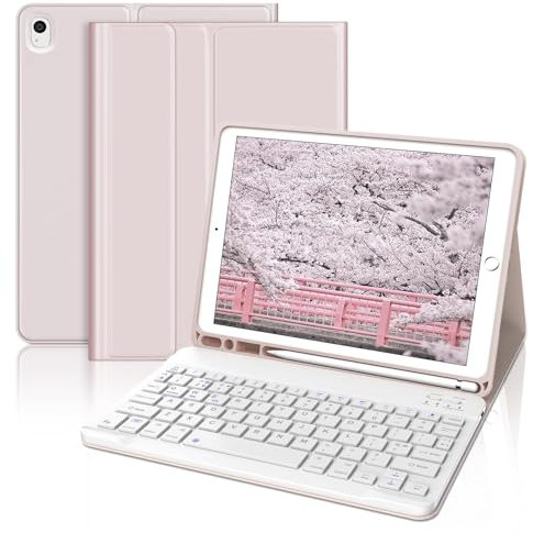 JADEMALL Keyboard Case for iPad 10.2 9th/8th/7th Generation, Wireless Bluetooth Detachable Keyboard, Slim Cover with Pencil holder for iPad 10.2 Inch/Air 3/Pro 10.5 Inch 2017, Pink