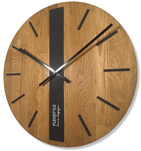 FLEXISTYLE Modern wanduhr ohne tickgeräusche modern wanduhren Holz Badezimmer Wohnzimmer Eiche (Schwarz Runden, 50cm)