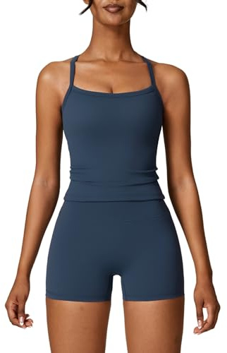 IDOPIP Sportanzug Zweiteiler Damen für Fitness: Spaghettiträger Sommer Outfits mit BH-Polster und hohe Taile Leggings kurz - Gym Set für Yoga, Pilates und Workout