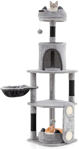 GOPLUS Kratzbaum groß, Katzenbaum mit Kratzsäulen, Plattformen, Katzenbett, Korb, Spielball & Höhle, mehrstockiger Katzenkratzbaum für Katzen, stabiles Katzenmöbel 41 x 40 x 144 cm, Grau + Schwarz