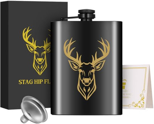 8oz/237ml Flasque de Poche en Acier Inoxydable, Motif de Tête de Cerf Dorée, avec Entonnoir, Carte de Voeux et Boîte Cadeau, Portable Étanche Flasque, pour Camping, Randonnée, Activités de Plein Air