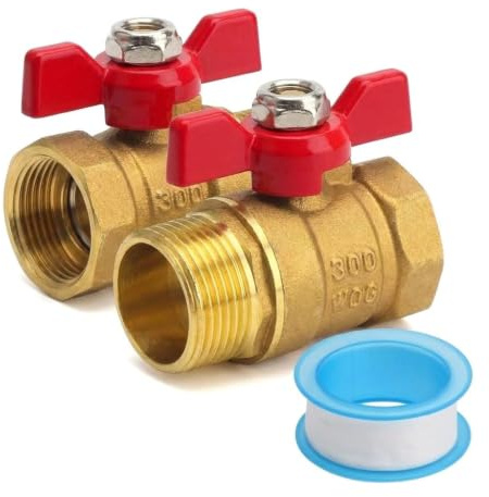 VOSSOT 2 Stück Kugelhahn Messing 3 4 Zoll Innen Außengewinde 6 Punkte, Absperrventil für Wasserleitungen mit rotem Flügelgriff, inklusive PTFE Dichtband 4 m 14 mm 0,075 mm