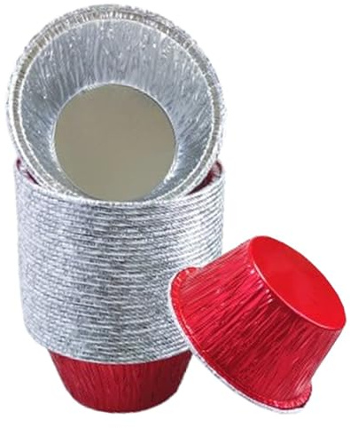 50Pcs Round Aluminum Tin Foil Baking Pans, Mini Egg Tart Cases Cake Baking Cup Tray Container Baking Tool(50Pcs Red-7cm)