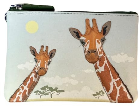 Safari Giraffe Design with 2 Giraffes – Zip Top Small Genuine Leather Change Purse with Appliqué Detail – Pocket-Sized Wallet for Coins & Cash – 12.5 x 8.5 cm