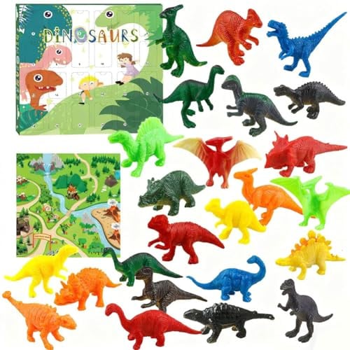 Adventskalender 2025, 24 Tage Weihnachten Countdown Calendar mit 24 Stück Dinosaurier Ornament Mini Dinosaurier Figuren Weihnachtsspielzeug Blindbox Weihnachten Geschenkset für Kinder