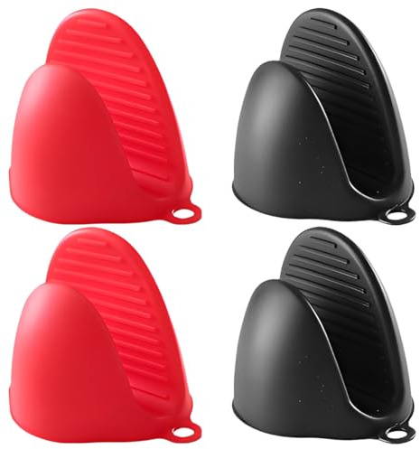 THQAE 2 Pares de Mini Manoplas de Silicona para Horno, Guantes de Silicona para Cocinar, Manoplas Antideslizantes y Resistentes al Calor Para Airfryer, Cocinar, Hornear y Asar (Negro y Rojo)