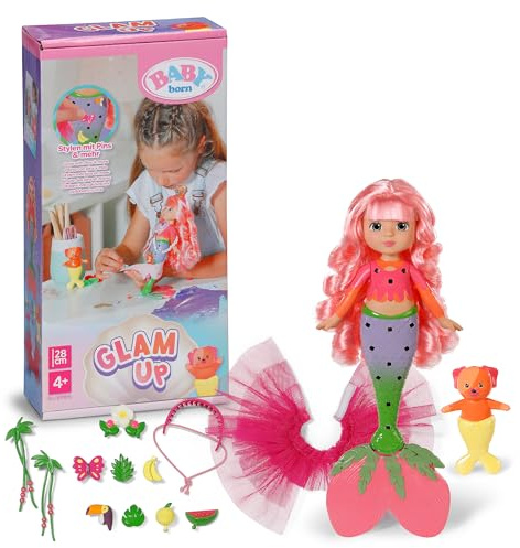 BABY Born Glam Up Sunshine Meerjungfrauenpuppe mit Styling-Zubehör | UV-Farbeffekt, Stoff-Accessoires, Haar-Pins, Tier-Freund
