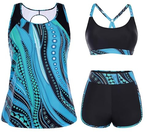 Hanna Nikole Womens Swimsuit,3 Piece Tankini Sets,Tummy Control Swimming Costume,Modest Swimwear,Sport Tankini Top with Adjustable Bikini Top and High Waist Swim Shorts with Pockets Bathing Suit