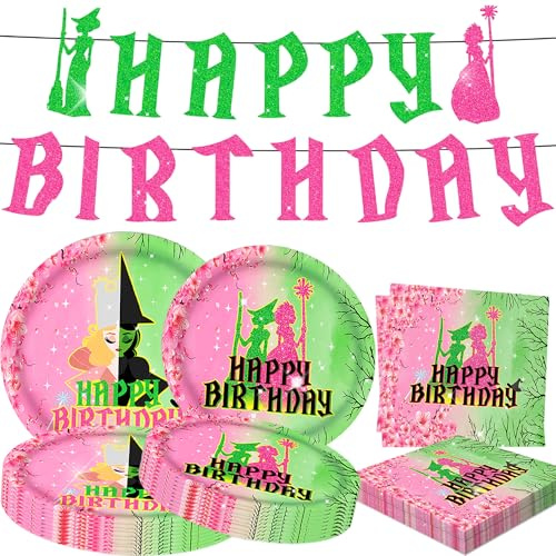 41PCS Pink and Green Birthday Party Decorations Banner Plates Napkins Pink Green Witch Theme Party Supplies Party Favors