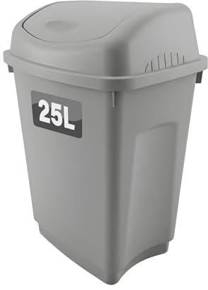 Optimal Products 25 Litre Plastic Swing Bins Home Garage Swing Top Rubbish Waste Bin Office Bedroom Kitchen Paper Dustbin Trash Bin Swing Lid Garden Recycle Bins Silver