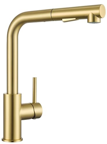 Sofetiy Wasserhahn Küche Gold, Hochdruck Küchenarmatur Ausziehbar | Mit Brause Zwei Wasserstrahlarten, 360° Drehung, Heißes und kaltes Wasser, Edelstahl, Einhebel-Spültischarmatur