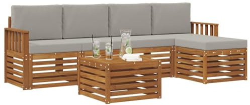 vidaXL Sofagarnituren 6 pcs Natürlich und Hellgrau Massivholz Akazie, Moderner Garten-Sofa, haltbare Terrasse Sitzgelegenheiten, bequemes Lounge-Möbel für draußen