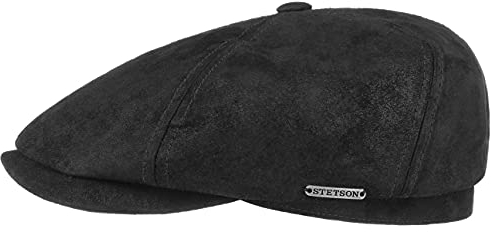 Stetson McCook Ledercap Vintage Flatcap Herren Damen Schiebermütze Schwein Velours Baumwollfutter Winter Sommer schwarz S (54-55 cm)