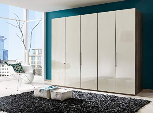 WIEMANN Loft Kleiderschrank, Schlafzimmerschrank, Gleittürenschrank, Drehtürenschrank, Glas magnolie, Trüffeleiche, Holz, 250 x 216 x 58 cm