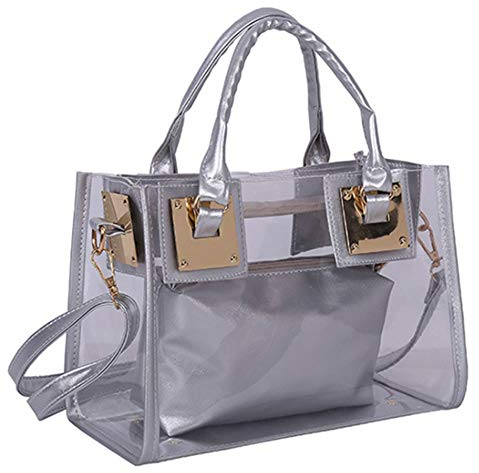 Rullar Damen 2 Stücke Kleine Klare Schultertasche Taschenset Umhängetasche PVC Transparent Shopper Handtasche Clutch Tasche Silber