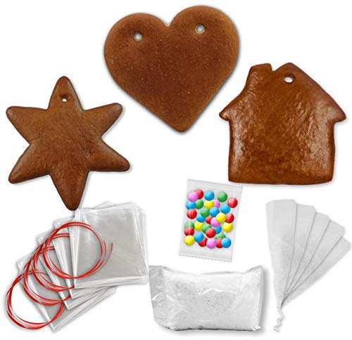 15x Lebkuchen Rohlinge Komplett-Set Herz Stern Lebkuchenhaus inkl Zubehör | LEBKUCHEN WELT Essbare Lebkuchen-Rohlinge in verschiedenen Formen – zum Verzieren und Beschriften, DIY-Bastelset