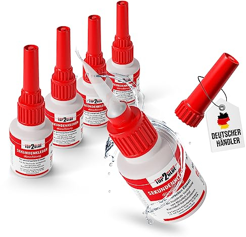 TOP2GLUE Sekundenkleber dünnflüssig 50g Industriequalität für Handwerk Haushalt Hobby Modellbau Superkleber von Langlauf Schuhbedarf® (5 Flaschen)
