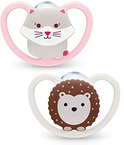 NUK Space Baby Schnuller | 0-6 Monate | Schnuller mit extra Belüftung | BPA-freies Silikon | Katze & Igel | 2 Stück