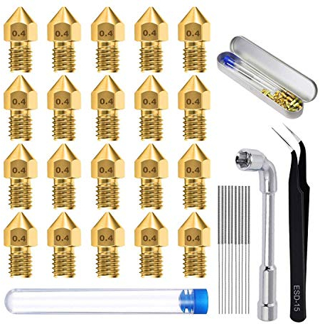 0.4 mm 3D Drucker Düsen/MK8 Extruder Messing Nozzle Set (20 Stück), 3D Drucker Zubehör für 1.75 mm 3D Drucker mit 0.35 mm Düsenreiniger Tool(10 Stück), Demontagewerkzeug,Metall Aufbewahrungsbox