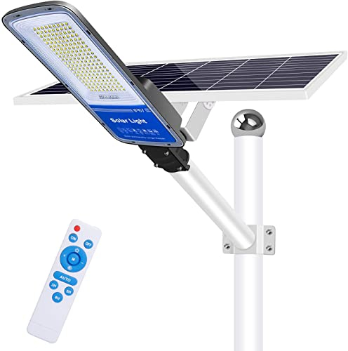 ledmo 400W Solar LED Straßenlaterne für den Außenbereich mit Fernbedienung,6000K kaltes Licht, wasserdichte IP65 LED Straßenlaterne für Straße, Innenhof und Parkplatz(Grau)